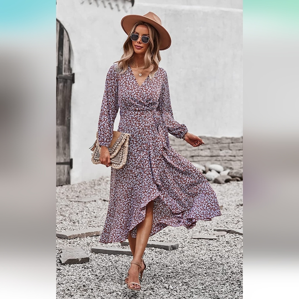 Long Sleeve Vintage Wrap Dress Floral Print V-Neck Maxi Dresses with Belt